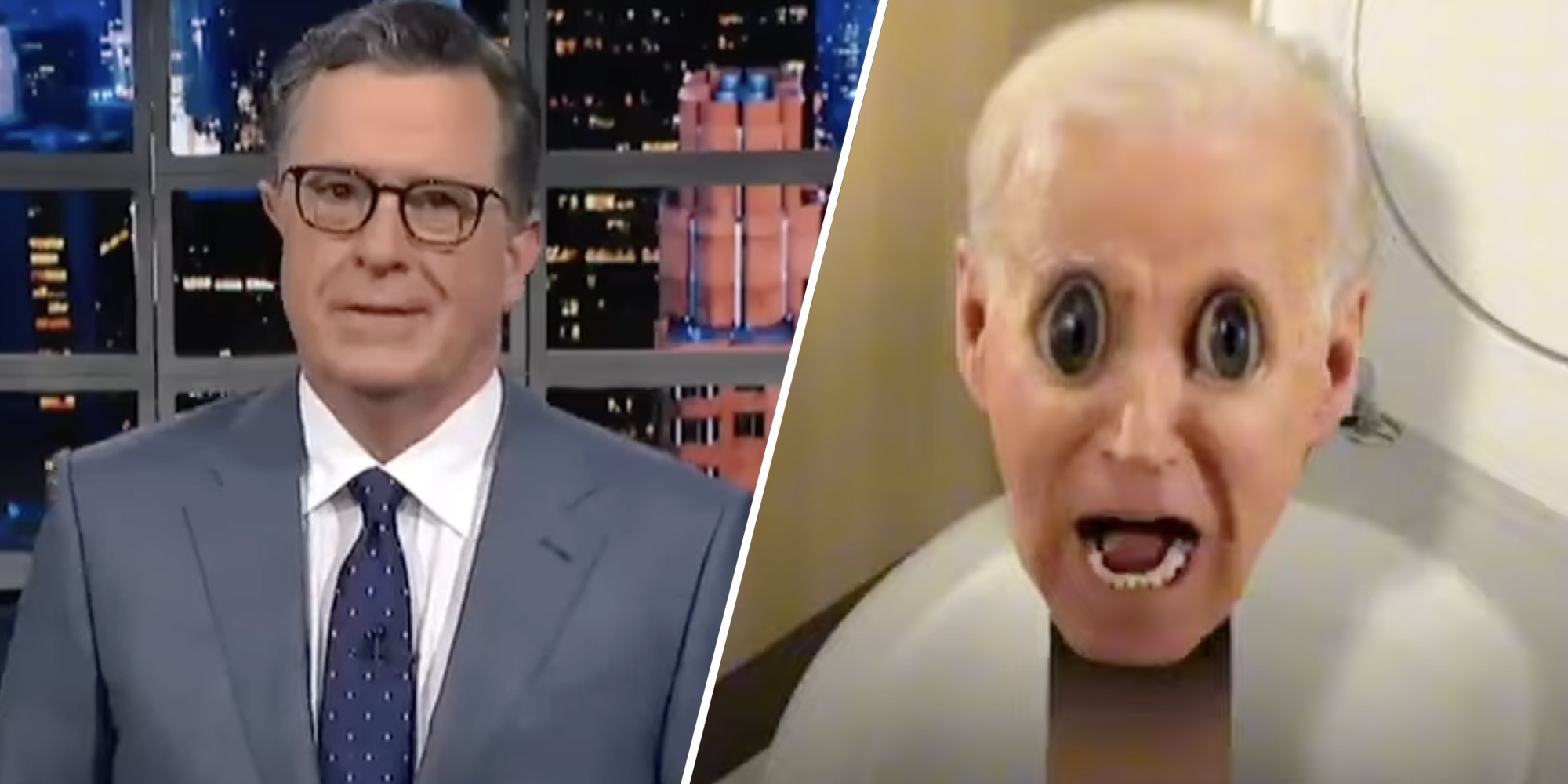 skibidi biden / Stephen Colbert(l), Joe Biden as Skibidi Toilet(r)