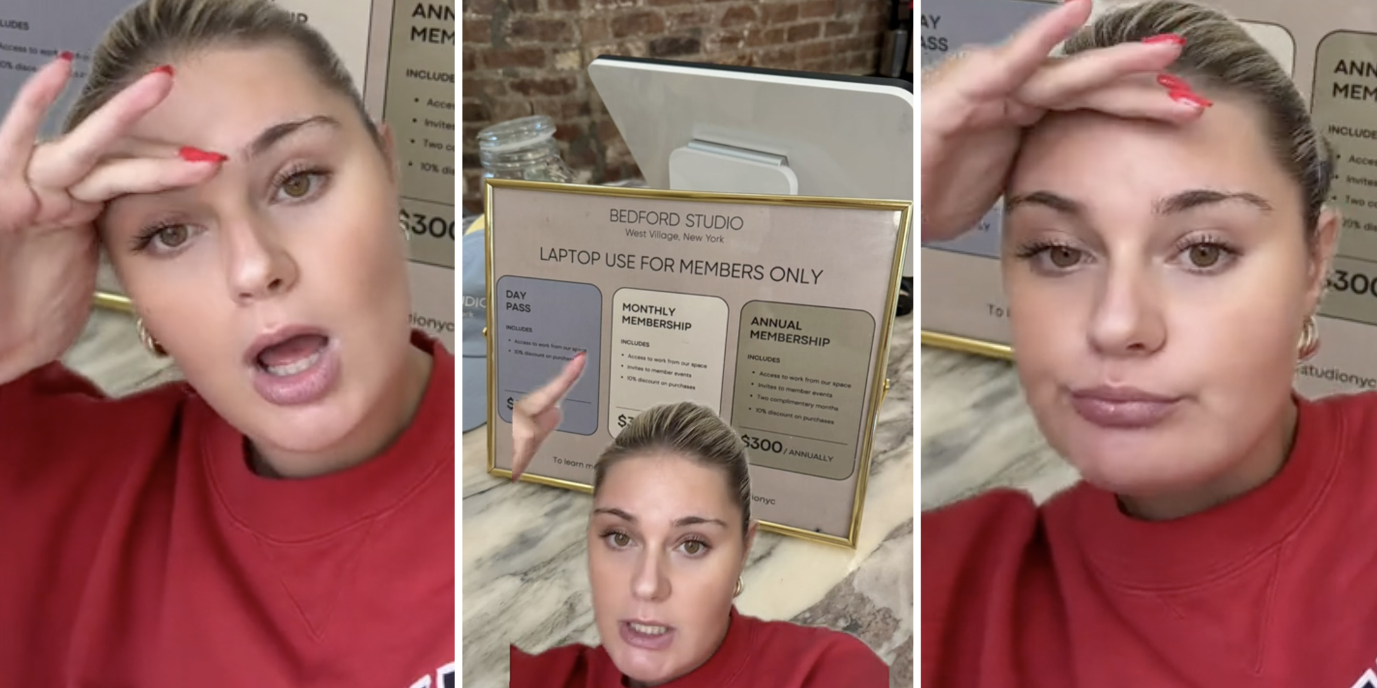 Woman looking frustrated(l+r), Woman pointing to subscription chart(c)