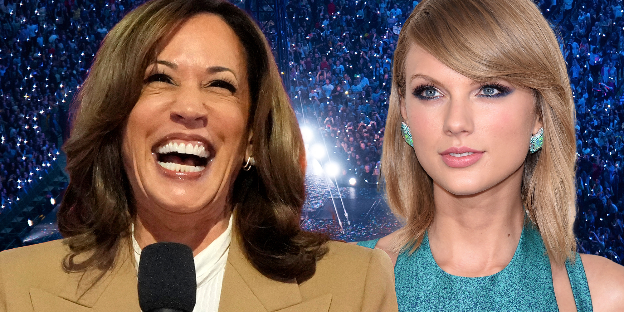 Kamala Harris and Taylor Swift over background from Taylor Swift concert
