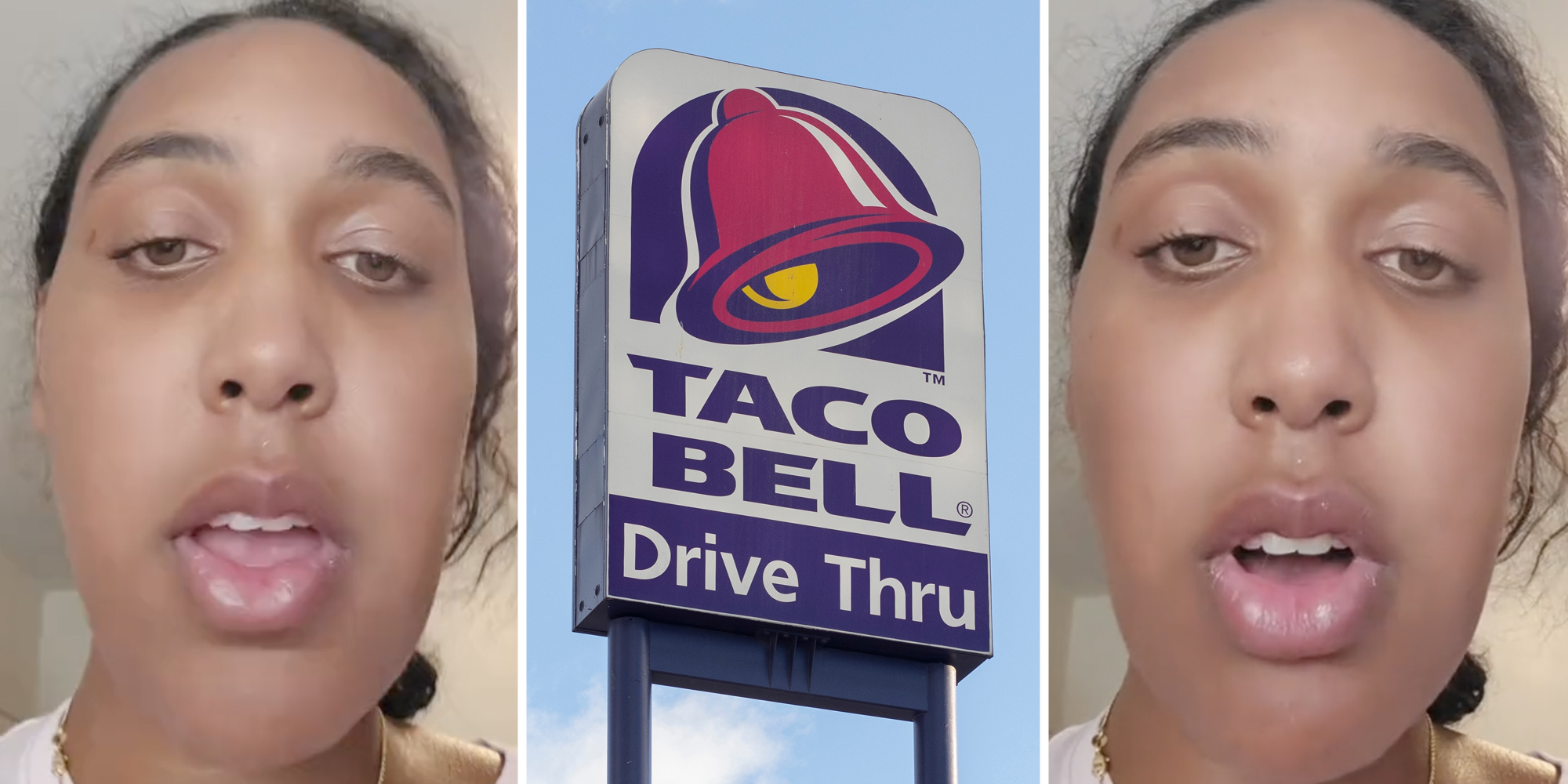 Woman talking(l+r), Taco Bell sign(c)