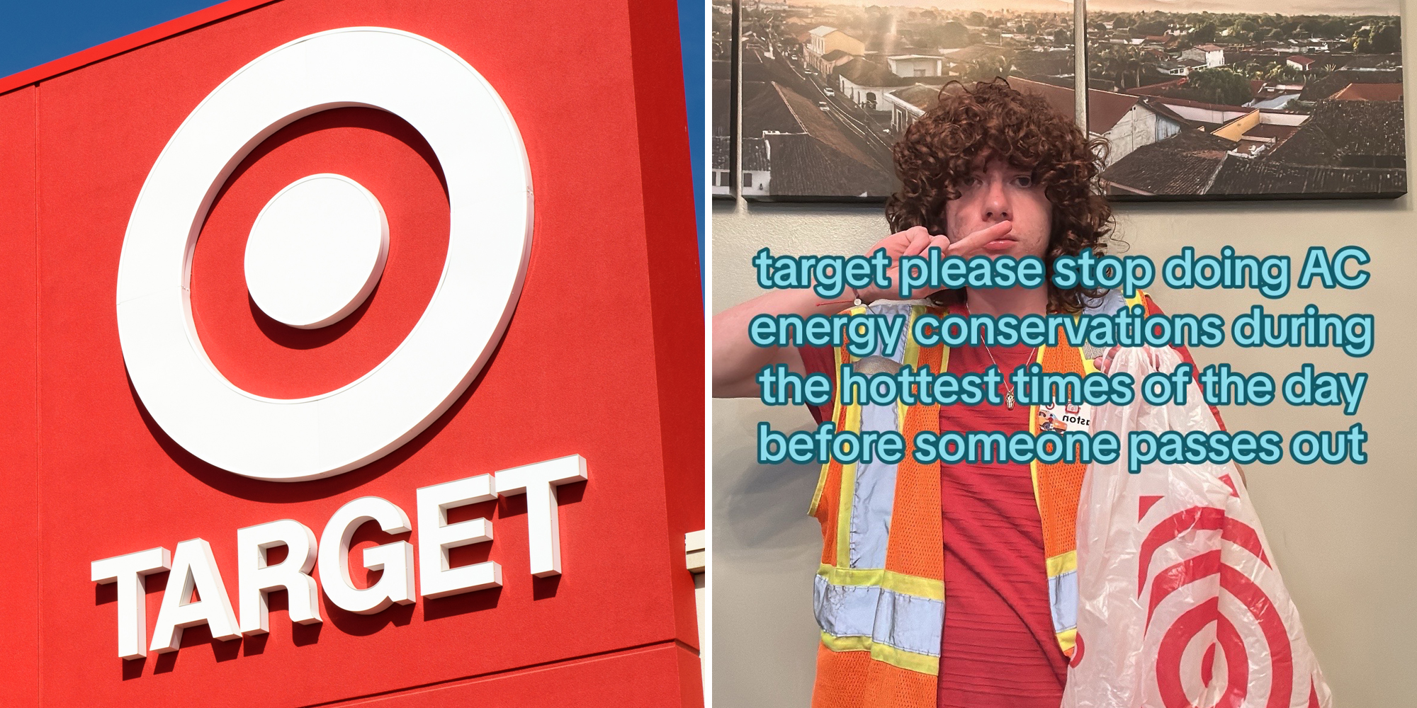 Target store (l) person with finger up and caption "target please stop doing AC energy conservations during the hottest times of the day before someone passes out" (r)