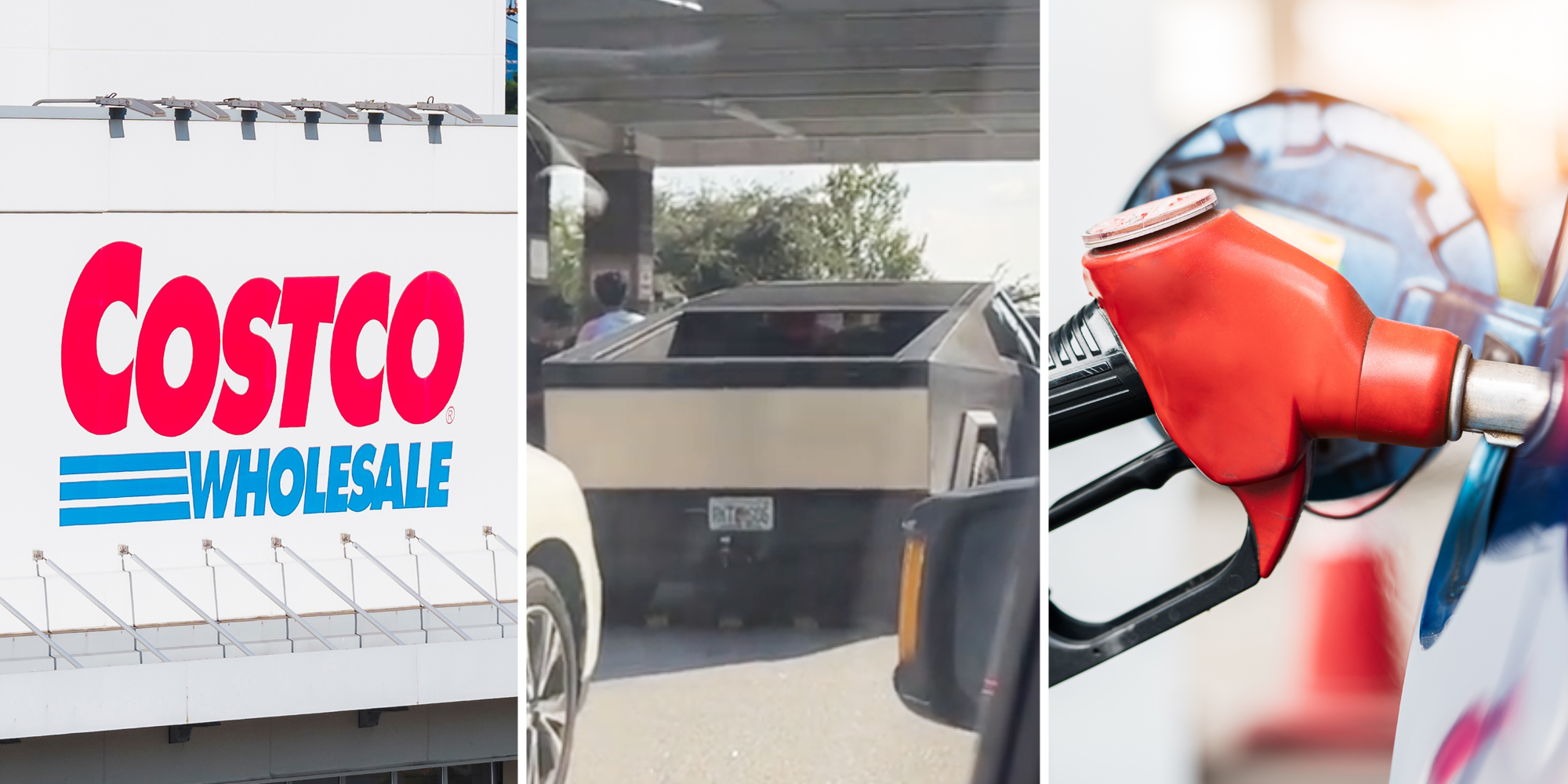 Costco(l), Tesla Cybertruck(c), Gas pump(r)
