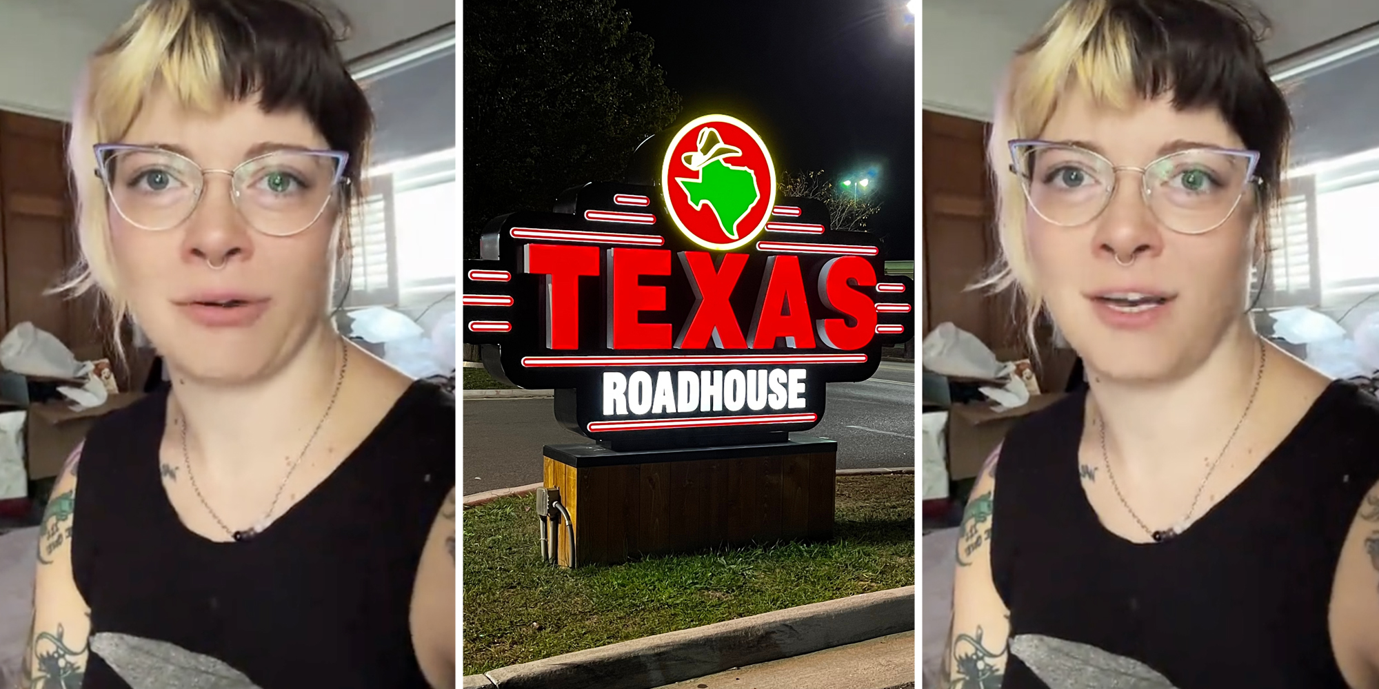 Woman talking(l+r), Texas Roadhouse sign(c)