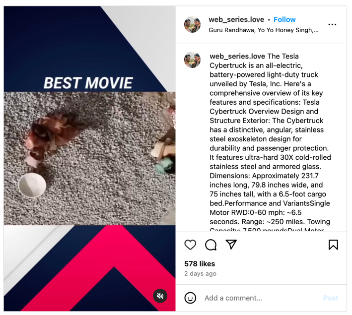 The Tesla Cybertruck Is an All-Electric Battery-Powered Light-Duty Truck Unveiled by Tesla, Inc. copypasta caption on a video of a movie clip.