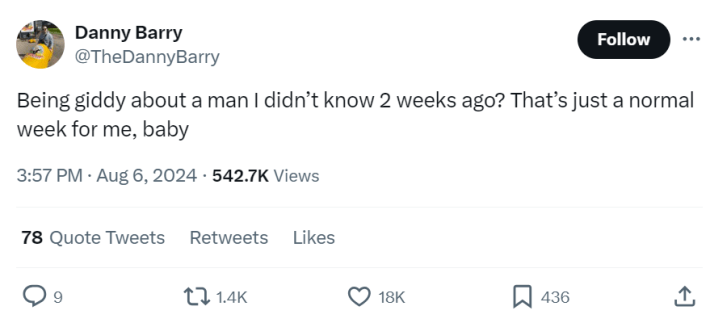 Tweet meme that reads, "Being giddy about a man I didn’t know 2 weeks ago? That’s just a normal week for me, baby"