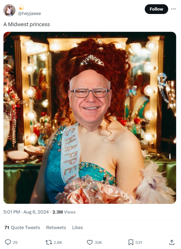 Photo of Chappell Roan in a beauty pageant style outfit, Tim Walz's face pasted over hers. Text reads, "A Midwest princess."