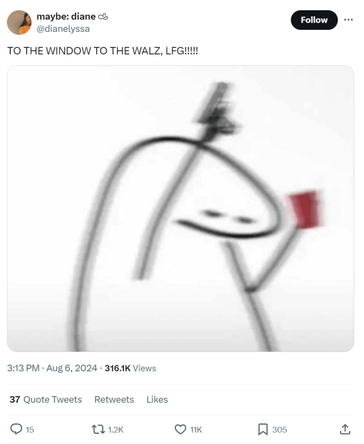 Blurry meme of a drawn blob figure holding a red solo cup and a gun. Text reads, "TO THE WINDOW TO THE WALZ, LFG!!!!!"