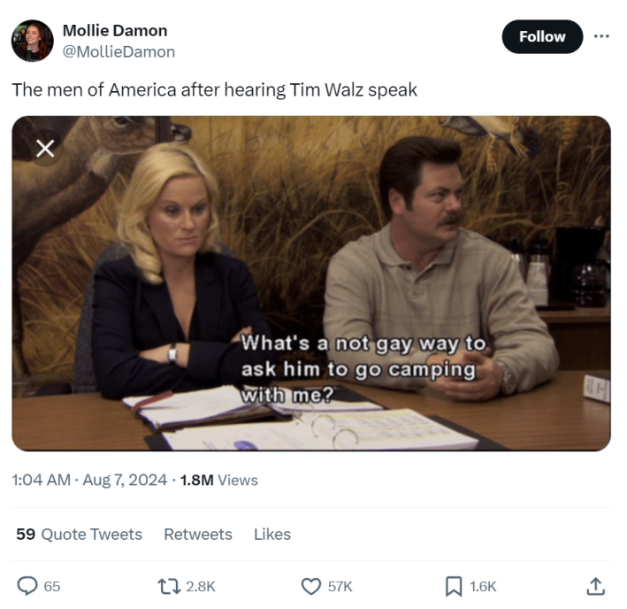 Tweet reads, "The men of America after hearing TIm Walz speak." Parks & Rec meme of Ron Swanson and Leslie Knope sitting at a table. Ron is saying, "What's a not gay way ask him to go camping with me?"