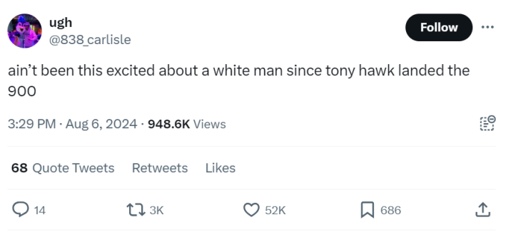 Tweet about Tim Walz reads, "ain’t been this excited about a white man since tony hawk landed the 900"