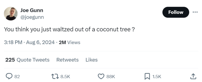 Tweet meme that reads, "You think you just waltzed out of a coconut tree ?"