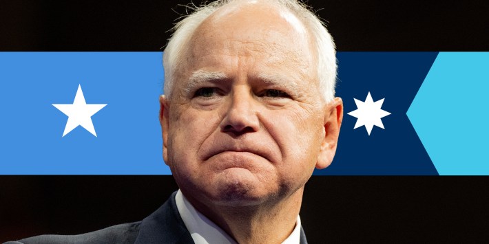 Tim Walz over Somalian and Minnesotan flags