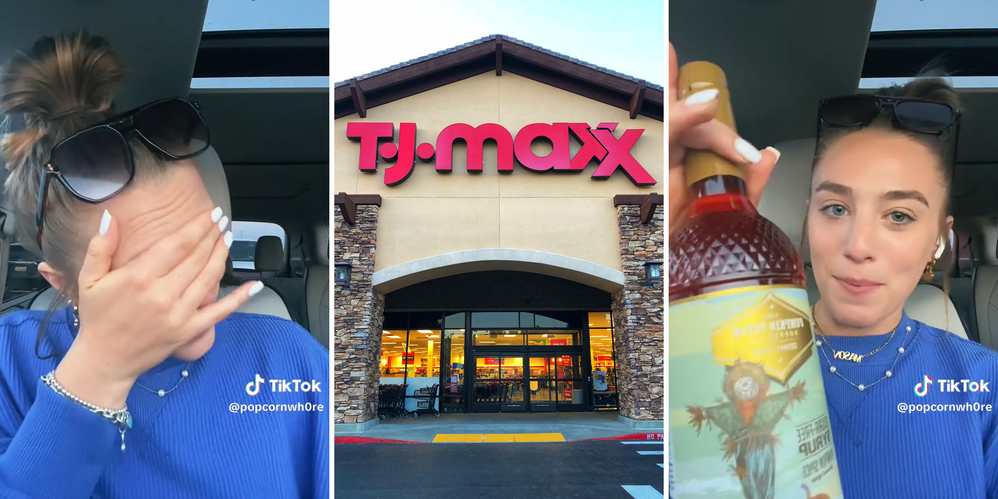young woman in car covering face (l) TJ MAXX sign (c) young woman holding up a bottle of coffee syrup (r)