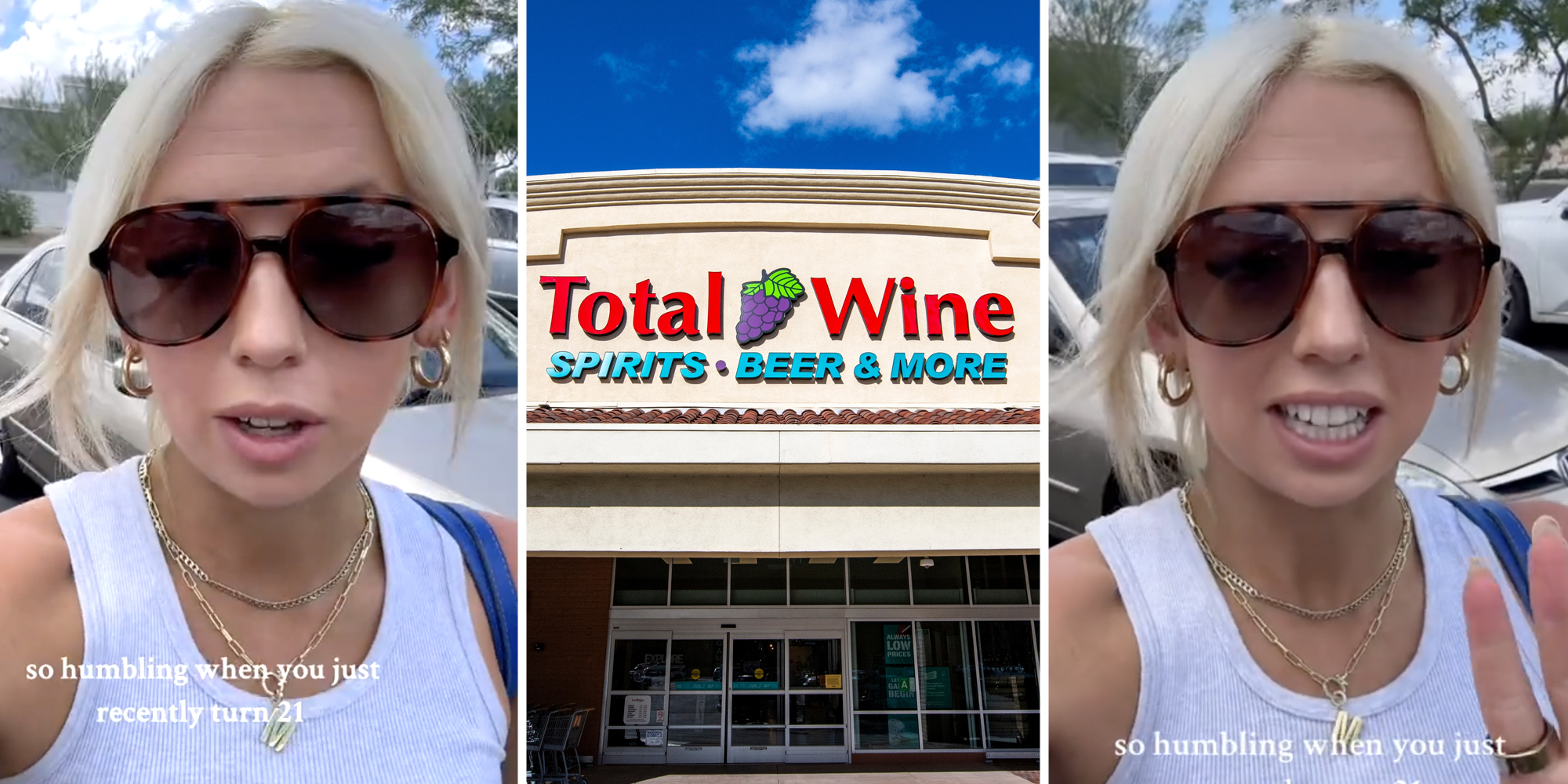 Woman talking(l+r), Total Wine storefront(c)