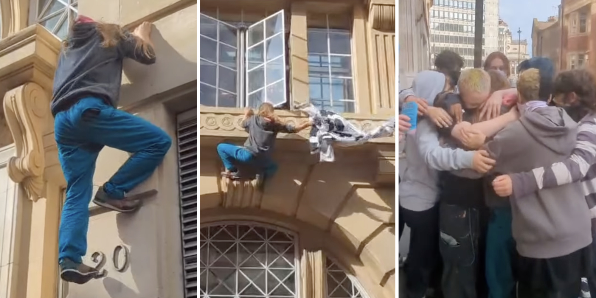 Kid climbing building(l), Kid taking down flag(c), Kids in group hug(r)