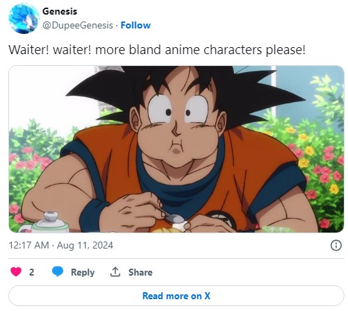 goku in "Waiter! waiter! more bland anime characters please!" meme