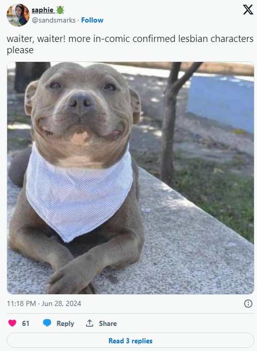 "waiter, waiter! more in-comic confirmed lesbian characters please" tweet