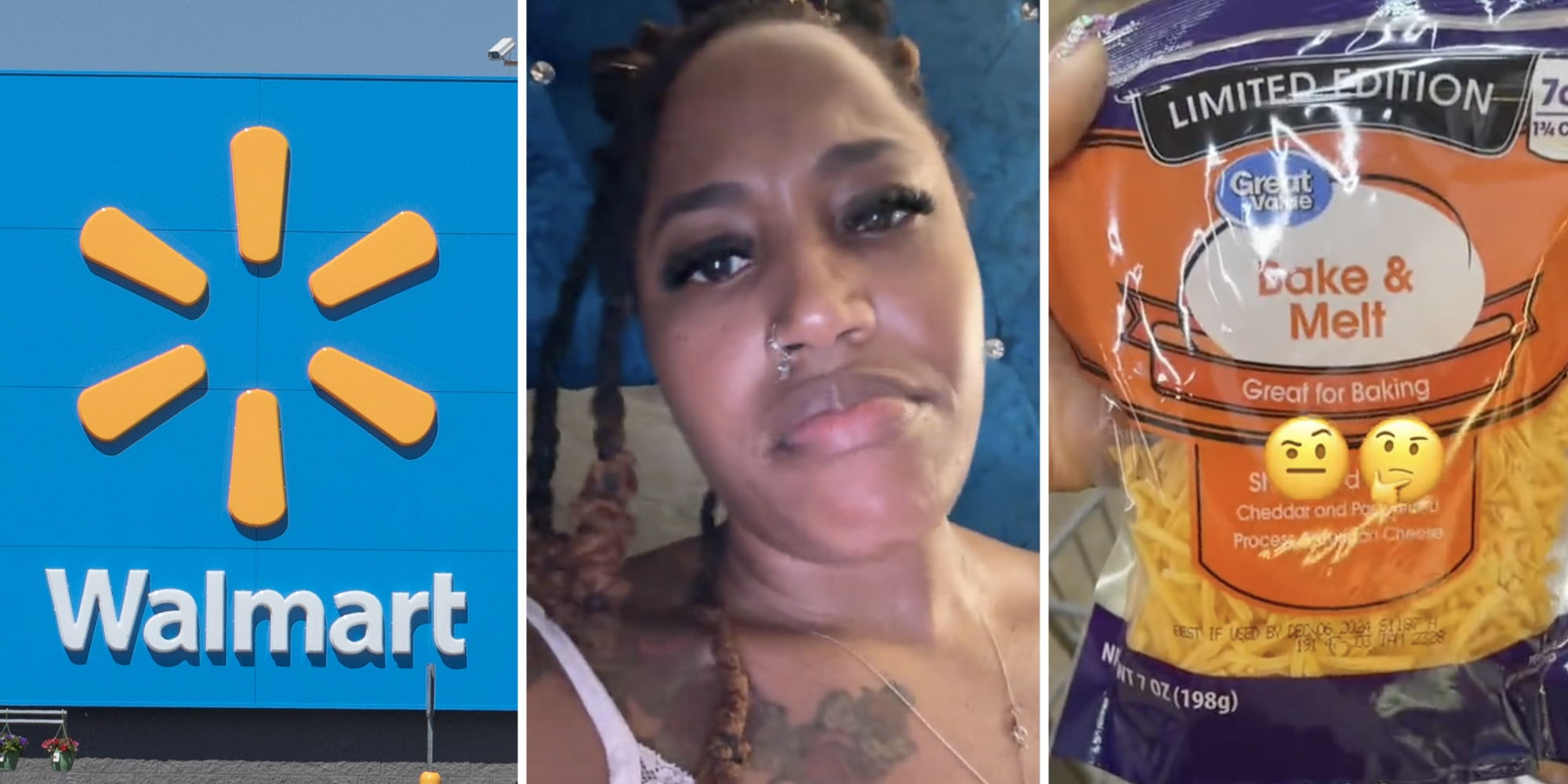 Walmart(l), Woman talking(c), Cheese(r)