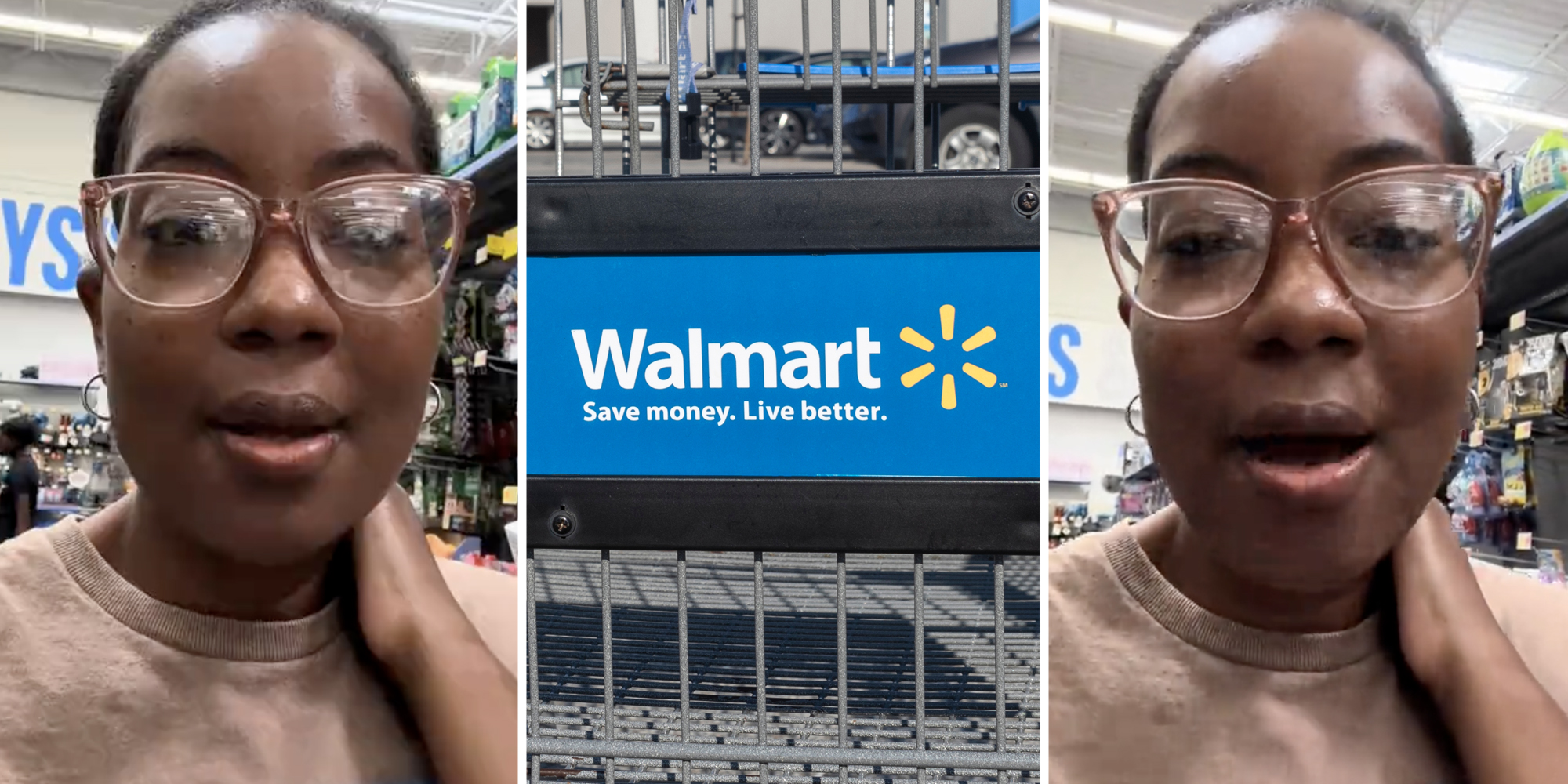 Woman talking(l+r), Walmart cart(c)