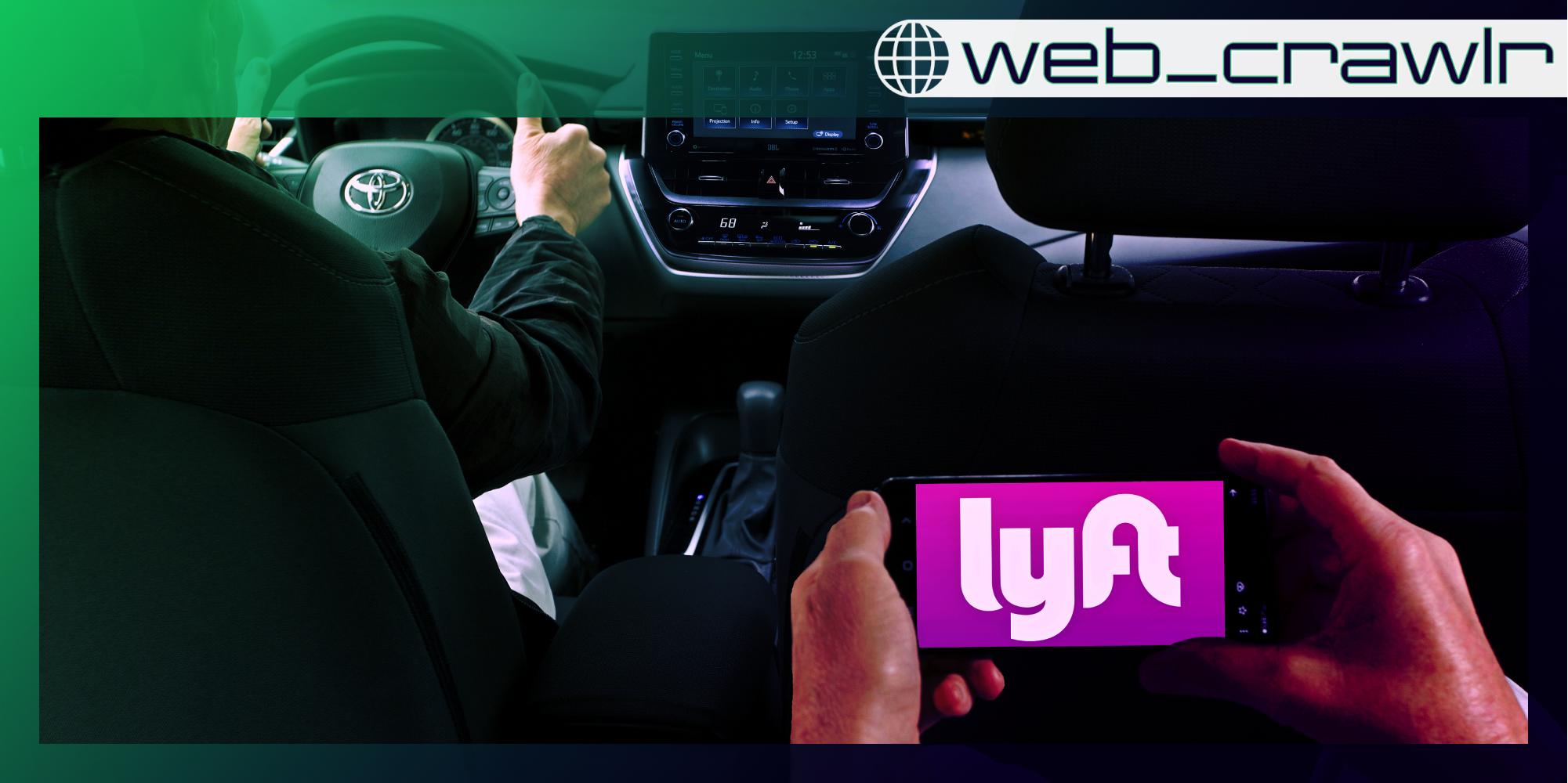 A person holding a phone with the Lyft logo on it while sitting in the back of a car. The Daily Dot newsletter web_crawlr logo is in the top right corner.