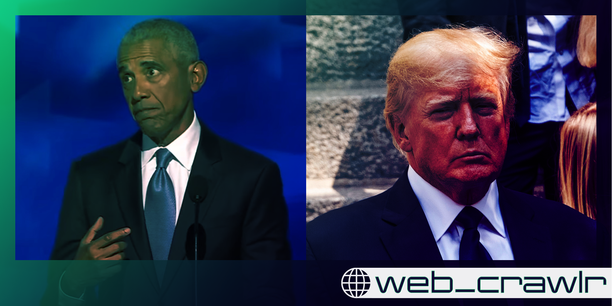Former President Barack Obama and former President Donald Trump. The Daily Dot newsletter web_crawlr logo is in the bottom right corner.