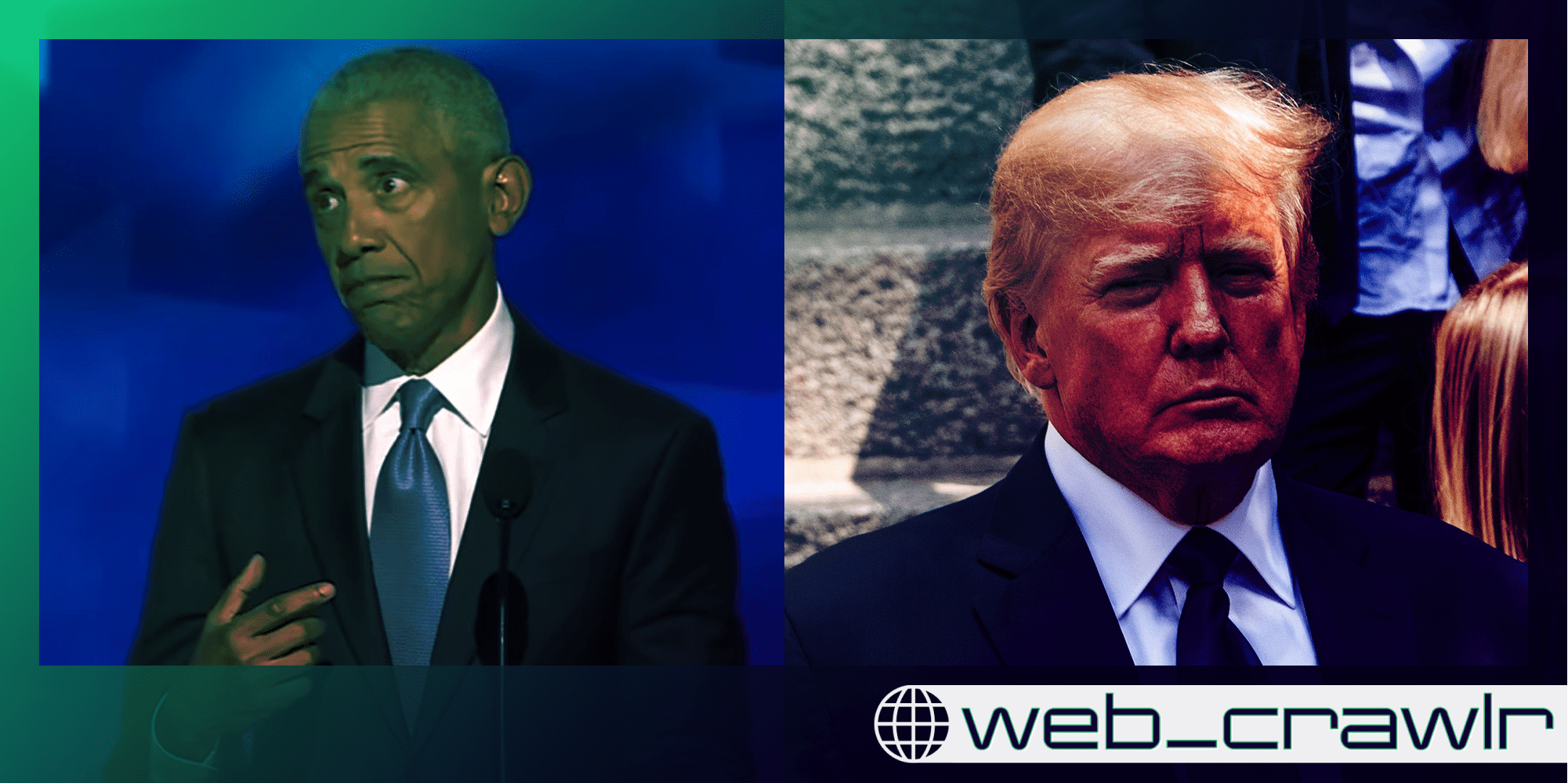 Former President Barack Obama and former President Donald Trump. The Daily Dot newsletter web_crawlr logo is in the bottom right corner.