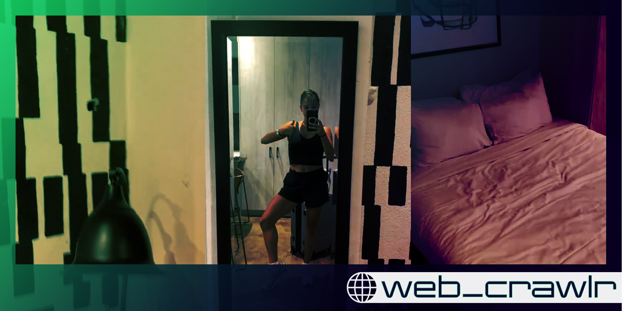 A hole in a wall (L), a woman posing in the mirror (C), and a bed (R). The Daily Dot newsletter web_crawlr logo is in the bottom right corner.