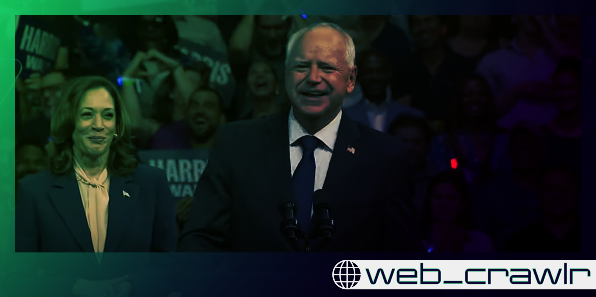 Tim Walz giving a speech. Vice President Kamala Harris is behind him. The Daily Dot newsletter web_crawlr logo is in the bottom right corner.