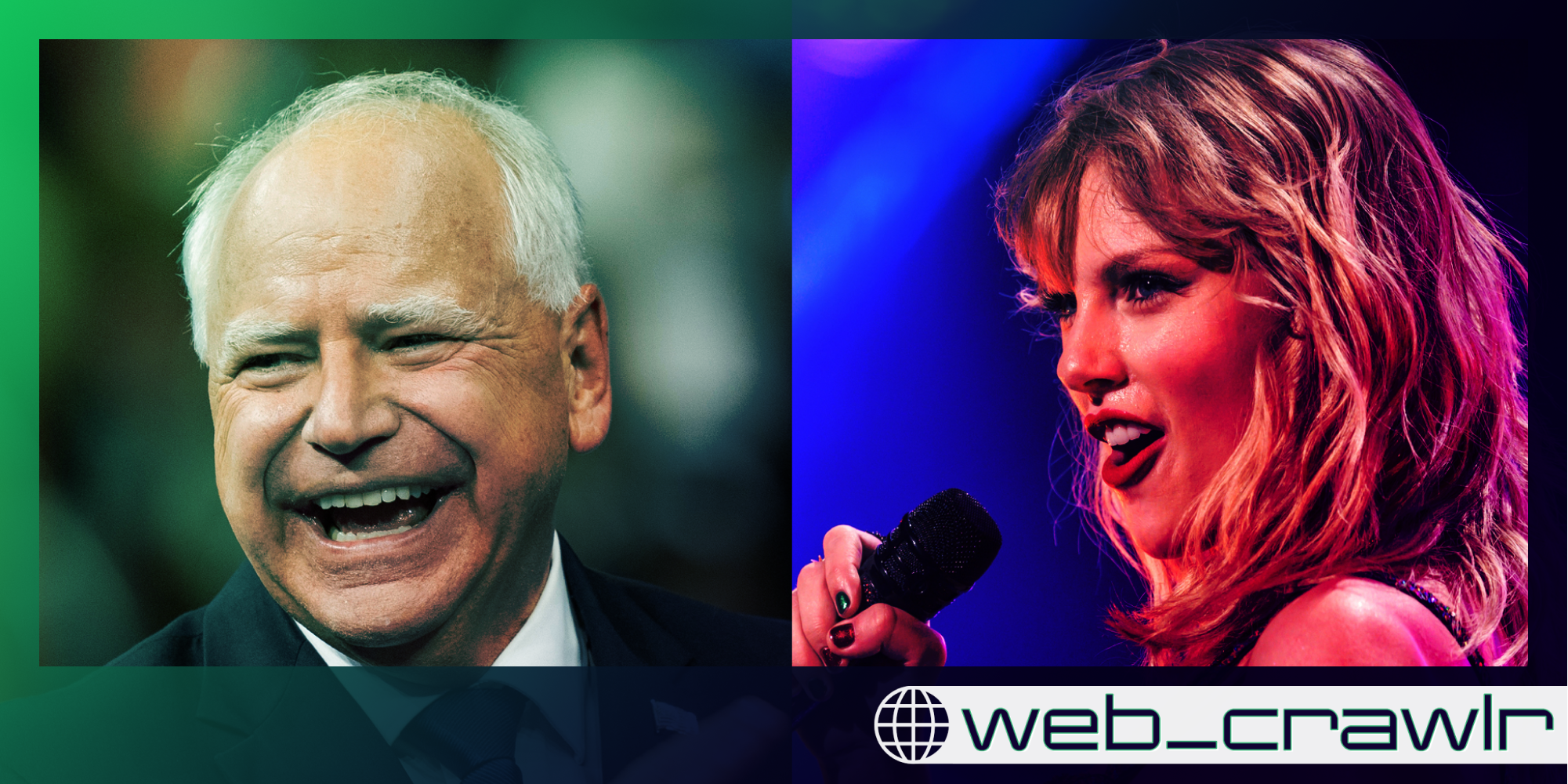 Gov. Tim Walz (D) and Taylor Swift. The Daily Dot newsletter web_crawlr logo is in the bottom right corner.