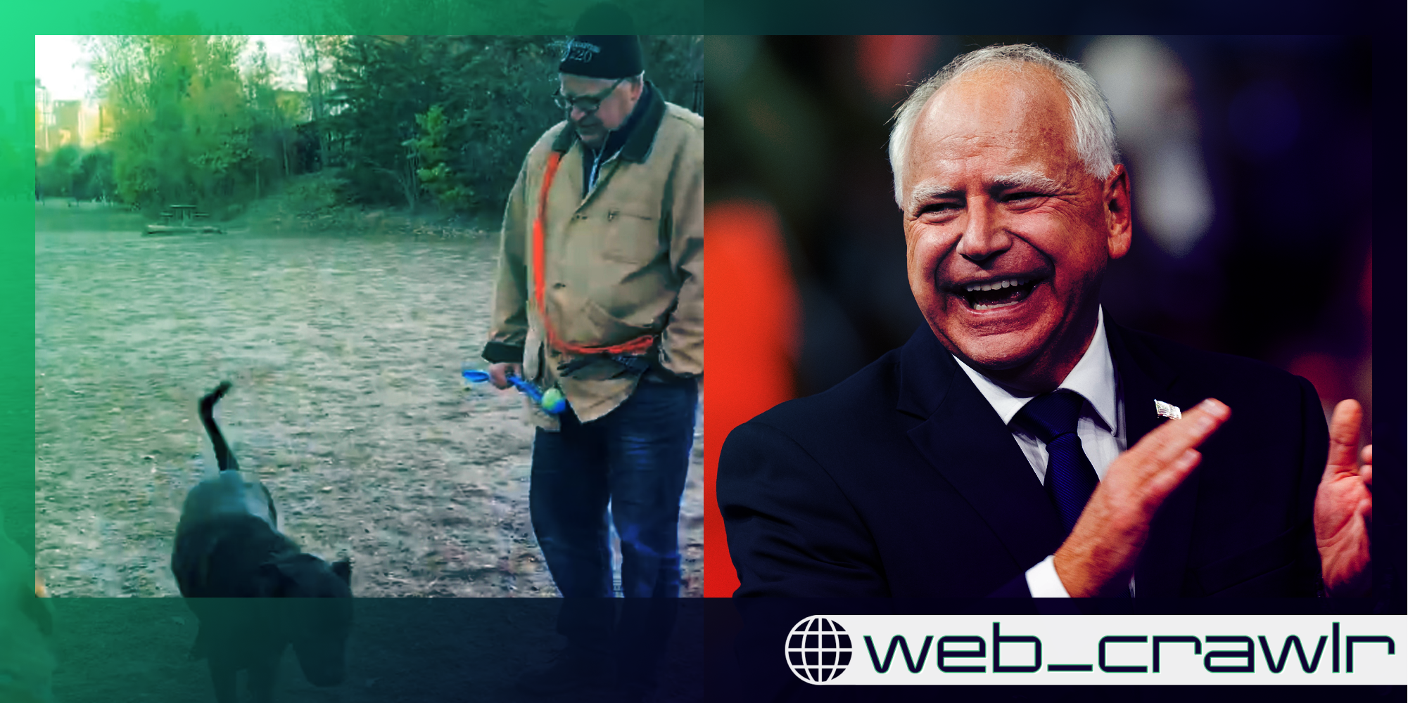 Tim Walz next to a dog (l), Tim Walz laughing (r). The Daily Dot newsletter web_crawlr logo is in the bottom right corner.