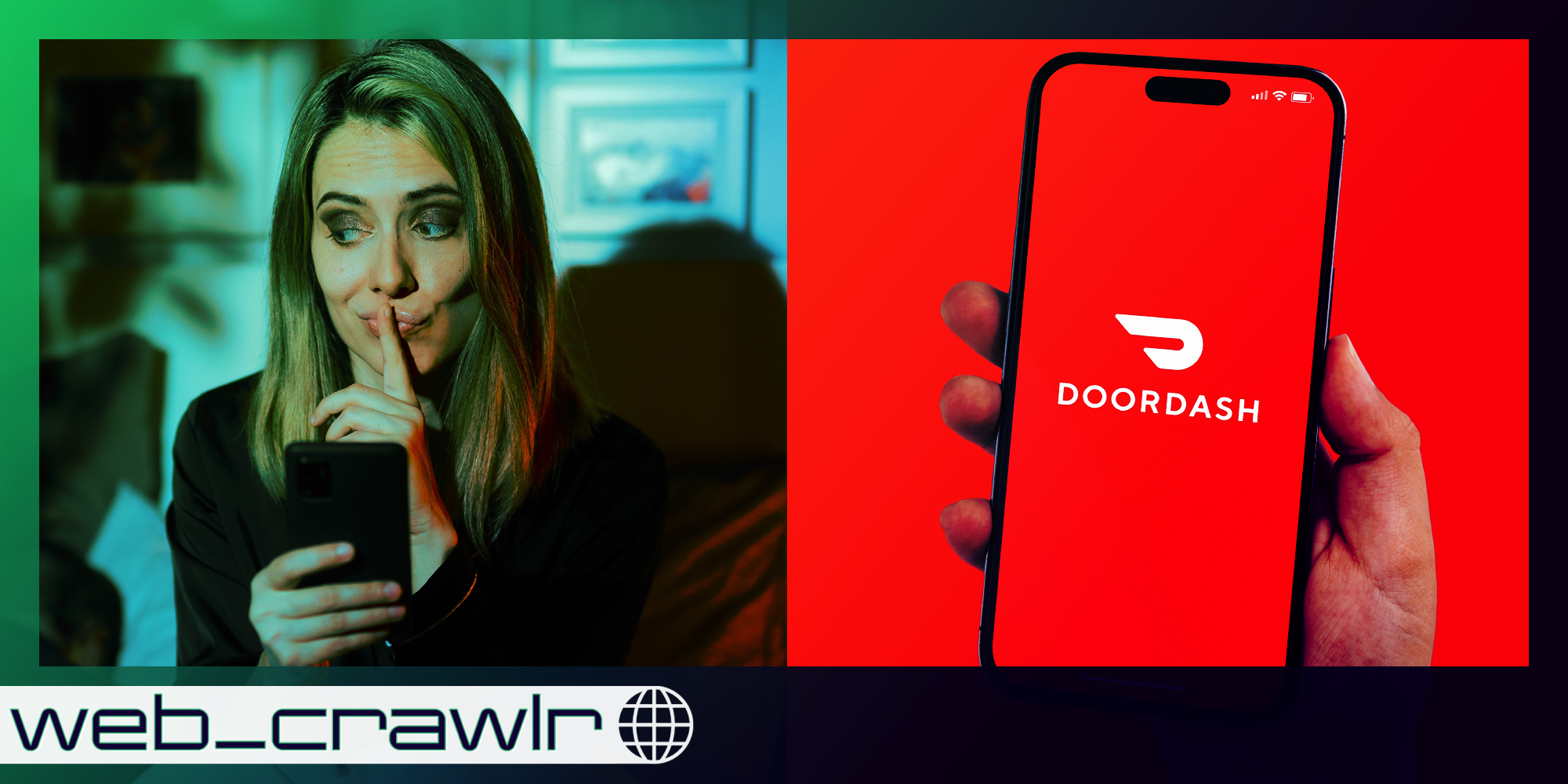 A woman holding a phone next to a phone with the DoorDash logo on it. The Daily Dot newsletter web_crawlr logo is in the bottom left corner.