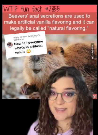 A woman in front of a green screen with a "WTF fun fact" meme behind her. Text on the meme talks about artificial vanilla flavoring being made from beavers' anal secretions.