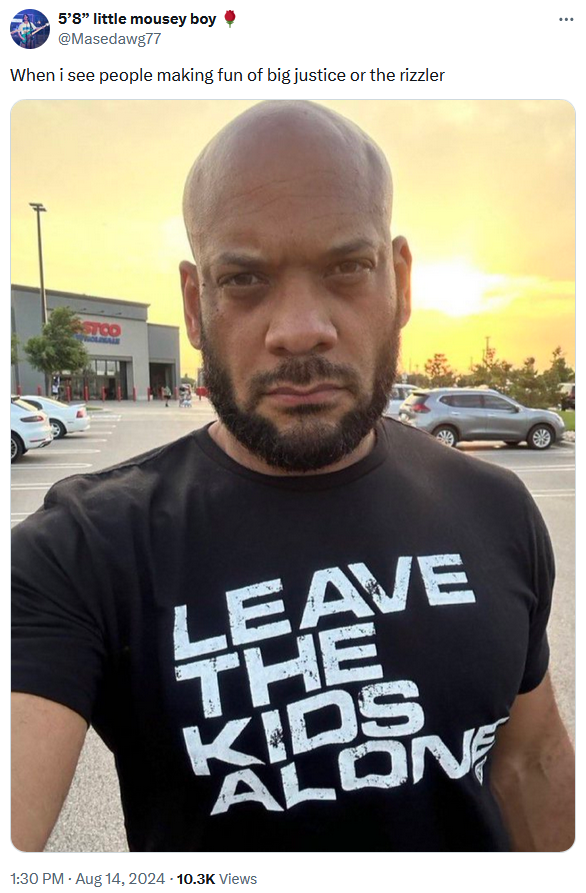 The Rizzler meme with a photo of an intense man in a shirt that reads "leave the kids alone."