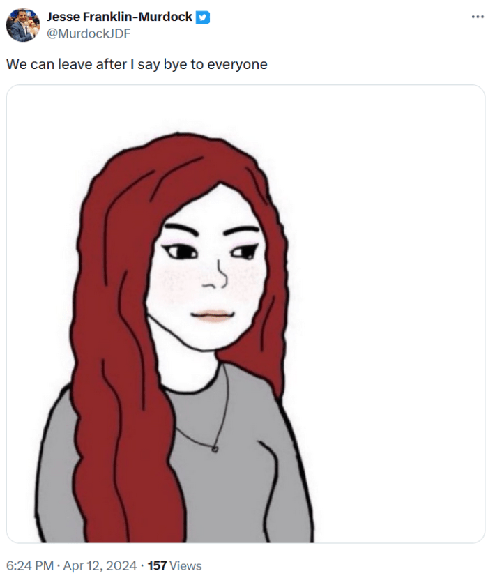 Wifejak meme saying "we can leave after I say bye to everyone."