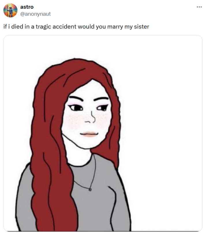 Wifejak meme asking "if i died in a tragic accident would you marry my sister?"