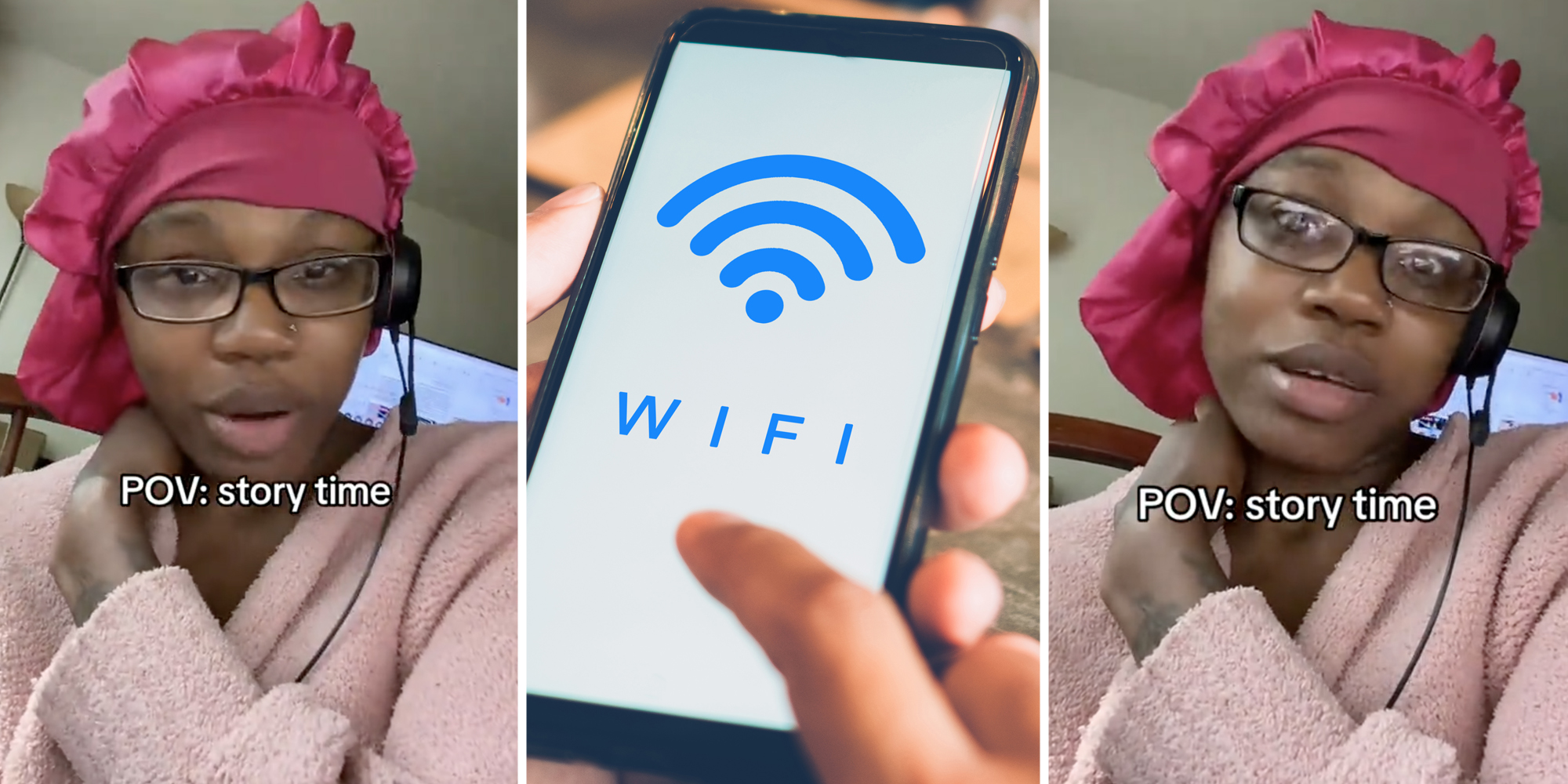Woman talking(l+r), Hand holding phone trying to connect to wifi(c)