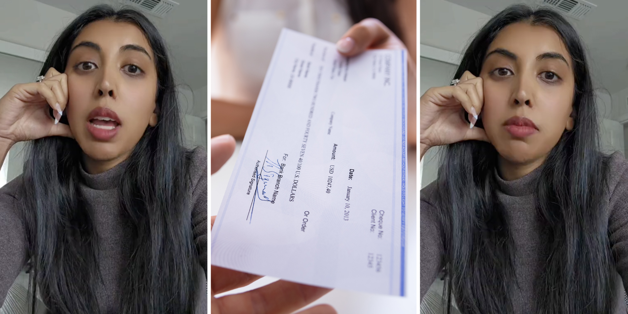 Woman talking(l+r), Hands passing checks(c)