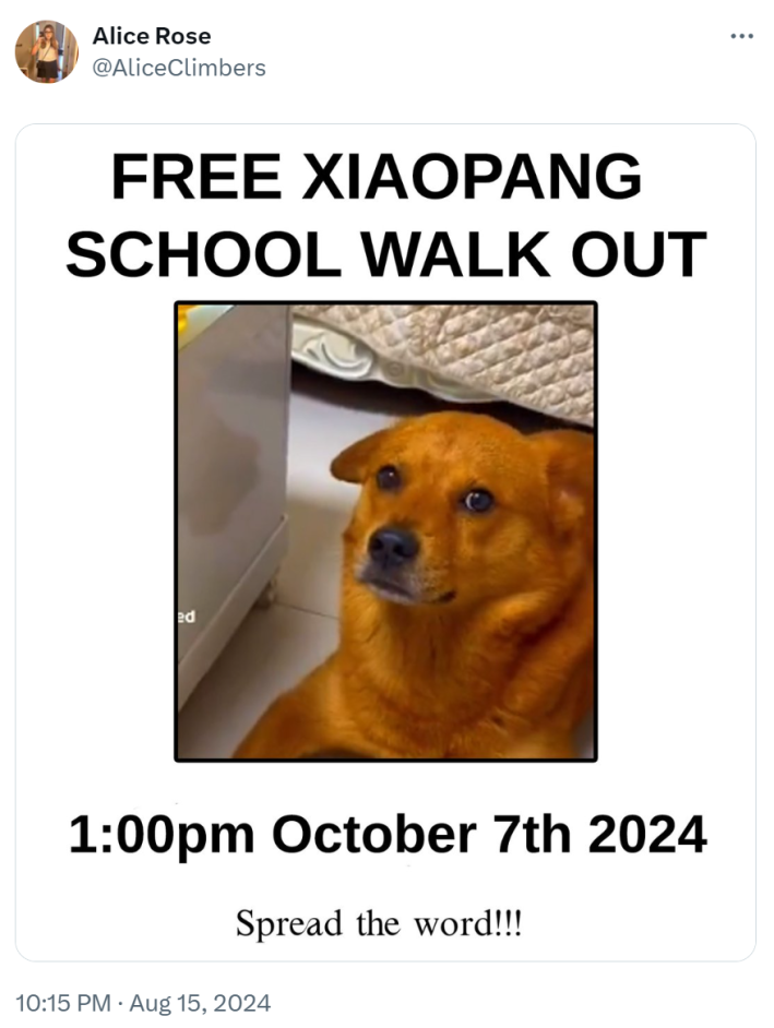 School walkout-style posted saying "Free XiaoPang" with a random date and time and photo of his betrayed face.