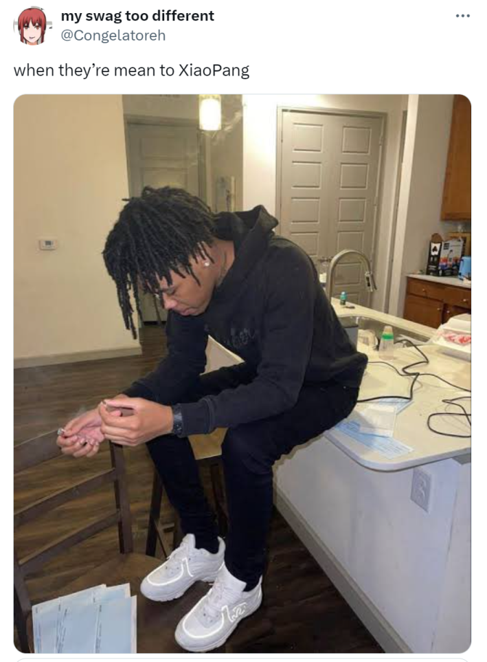 Photo of a man looking down at his feet, sitting on a countertop. Text reads, "when they're mean to XiaoPang."