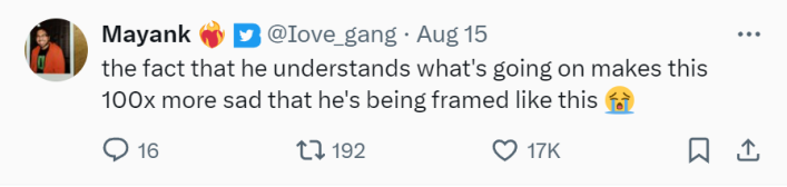 Tweet that reads, "the fact that he understands what's going on makes this 100x more sad that he's being framed like this (crying emoji)"