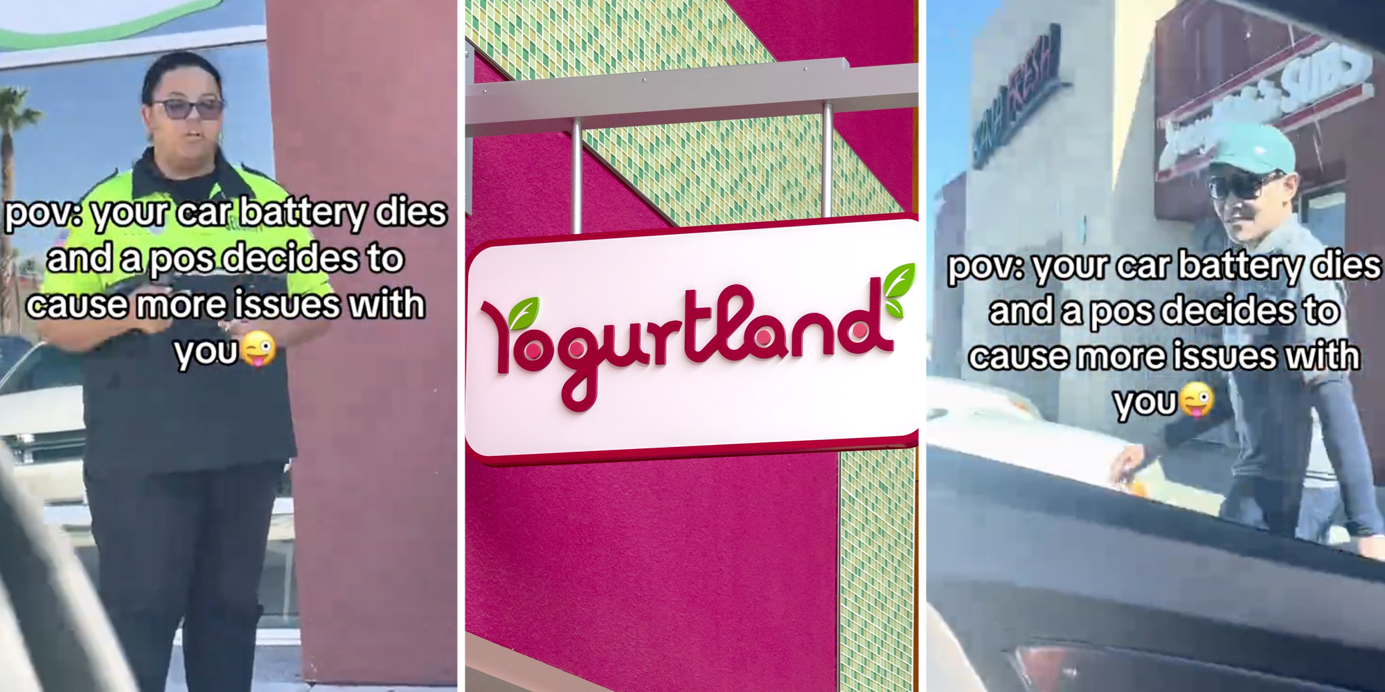 Security guard(l), Yogurtland sign(c), Man smiling through car window(r)