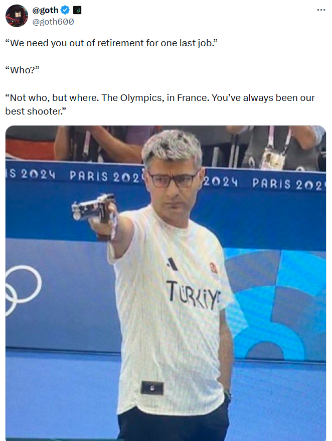 Yusuf Dikec meme joking about him coming out of hitman retirement for the Olympics.