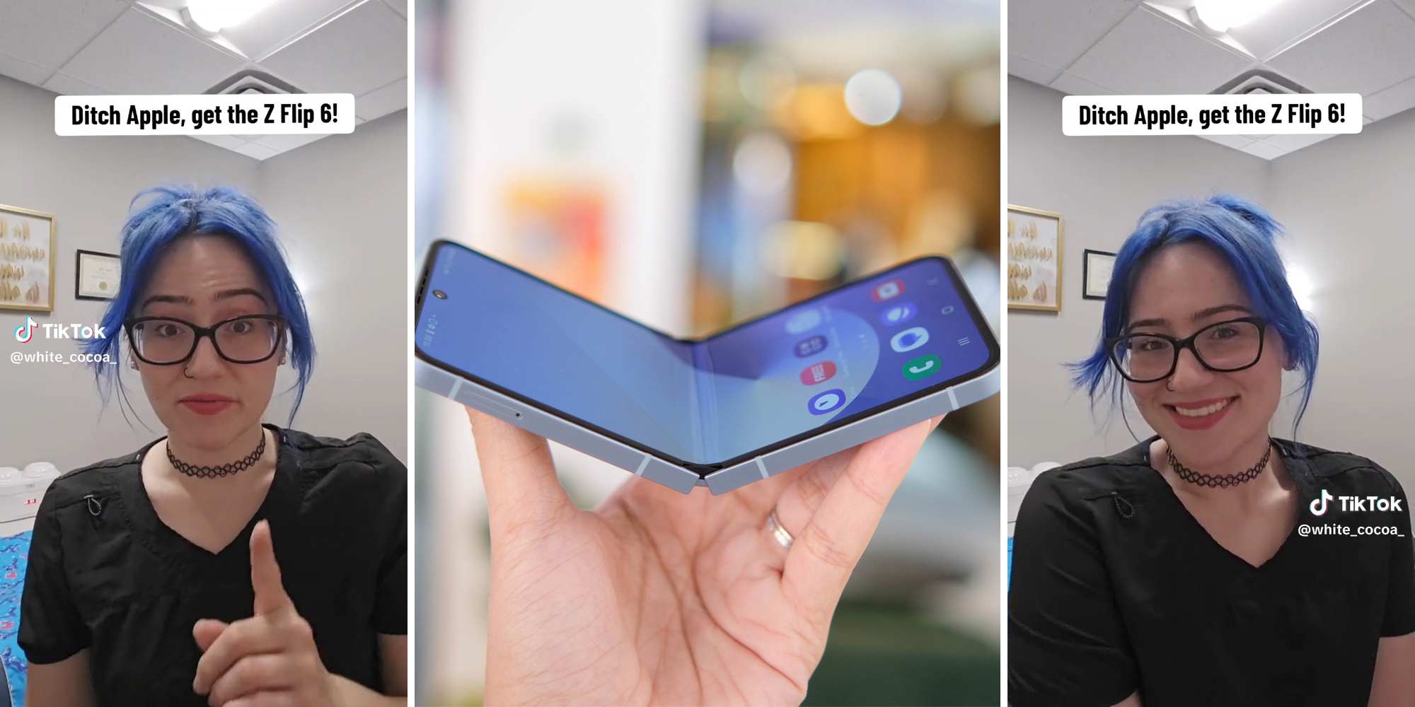 young woman with caption "ditch Apple, get the Z flip 6" (l&r) hand holding folded phone (c)