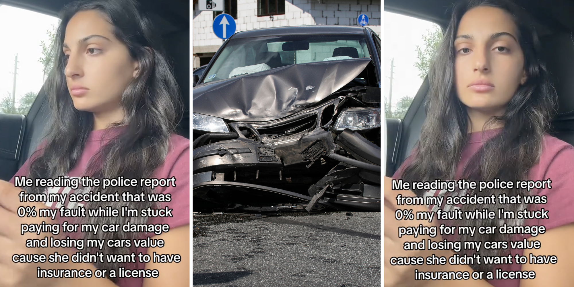 Woman looking at report(l+r), Car accident(C)