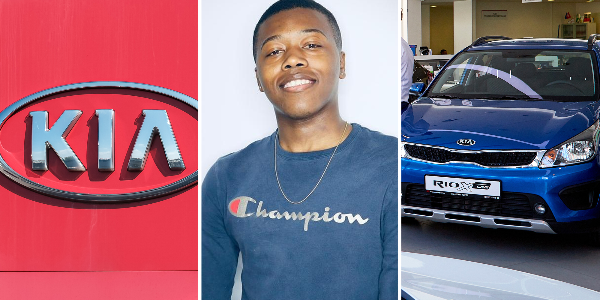 Kia sign(l), Person smiling(c), Kia car(r)