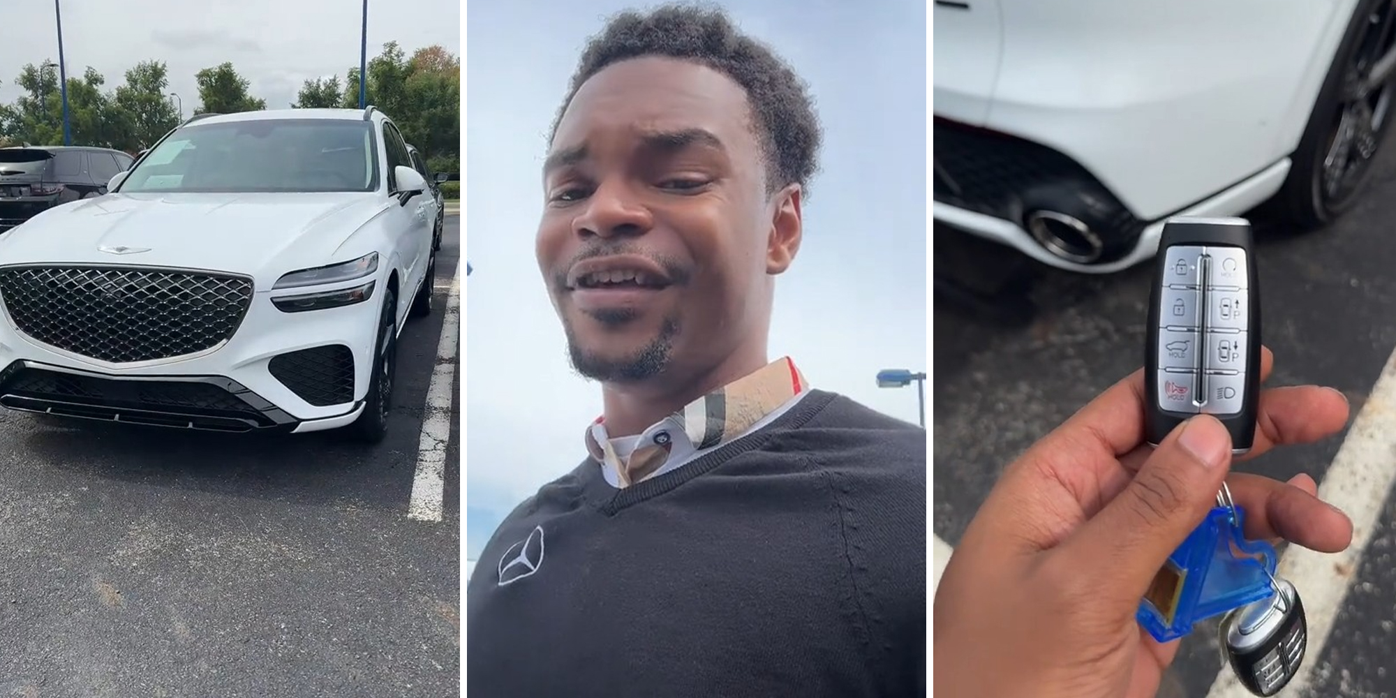 2025 Genesis(l) Car salesman(c) man holding keyfob(r)