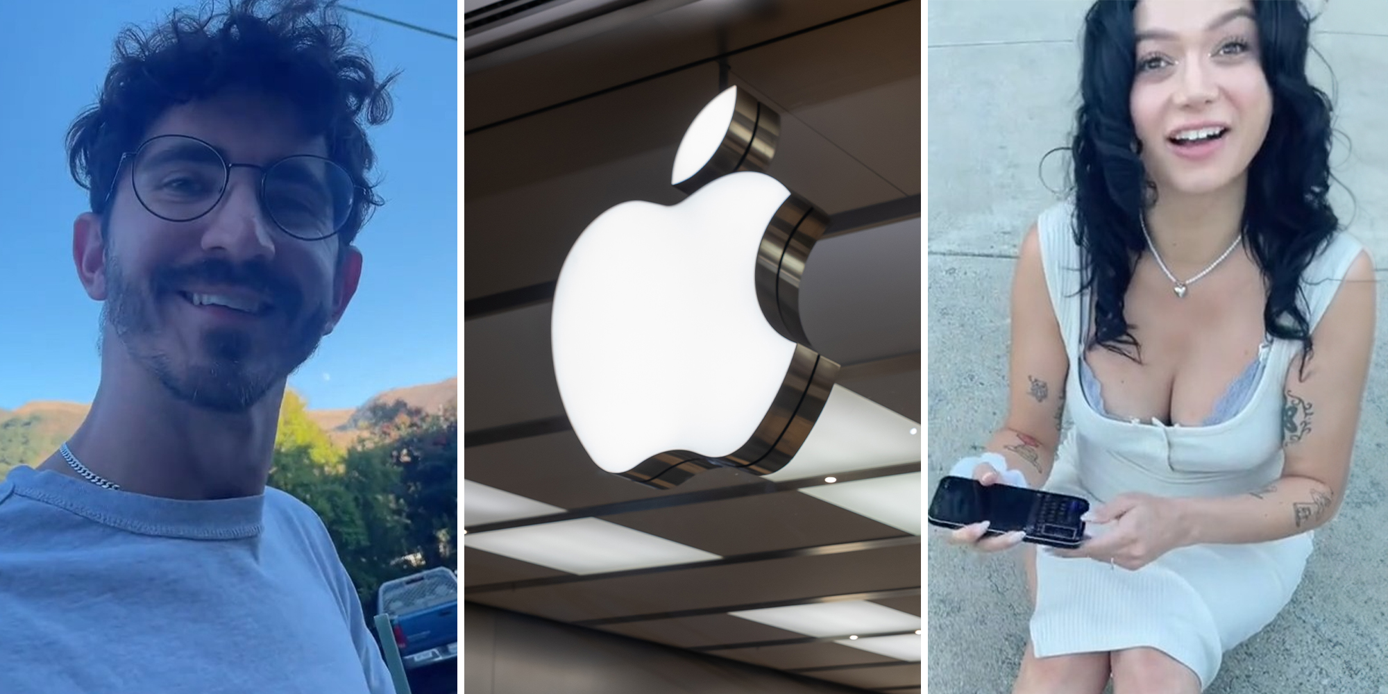 man smiling(l) Apple Store Front Logo (c) Woman sitting on pavement holding broken iphone(r)