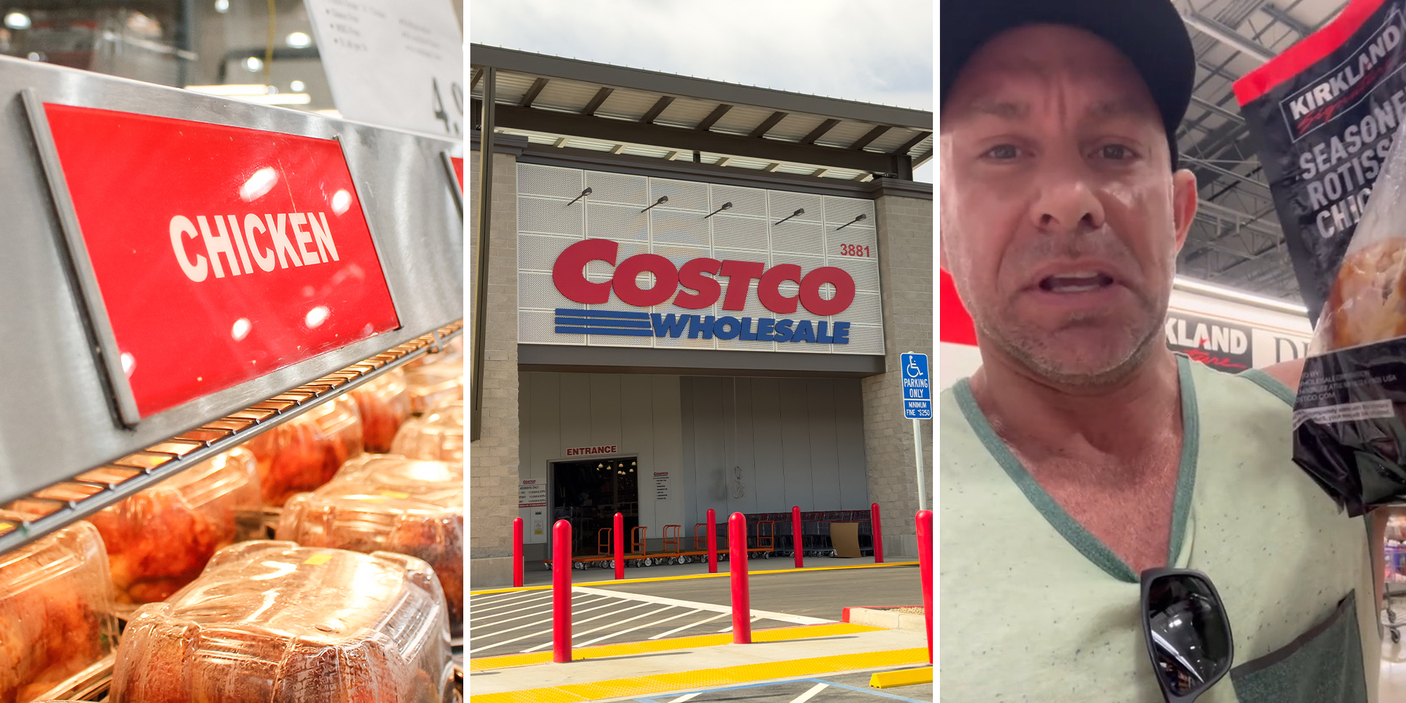 Costco Chicken Section(l) Costco wholesale store front(c) Man holding up costco chicken bags(r)