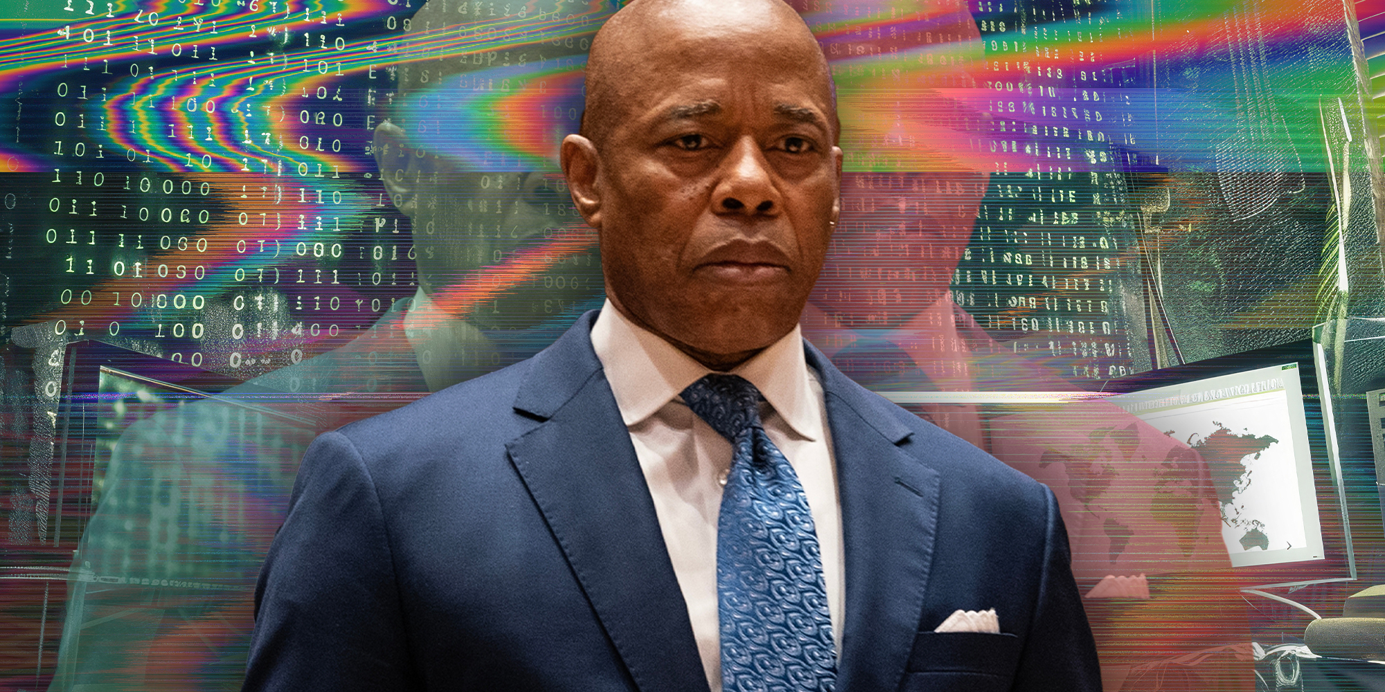 Eric Adams with digital hacker background