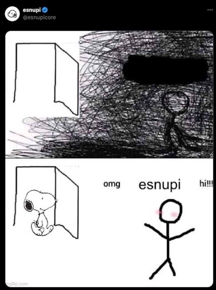 Esnupi meme of snoopy finding someone in their dark basement