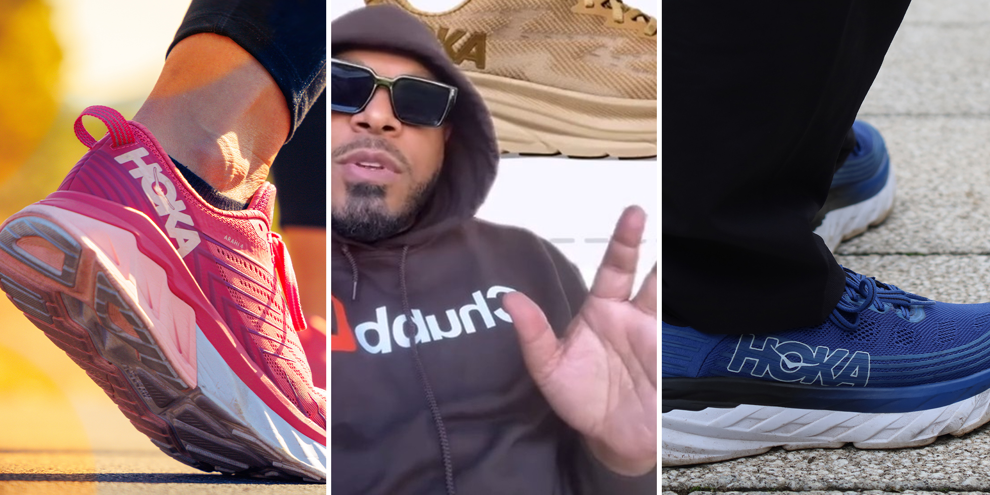 Pink Hoka Shoes(l) Man wearing Hoodie and dark sun glasses(c) Blue Hoka Shoes(r)